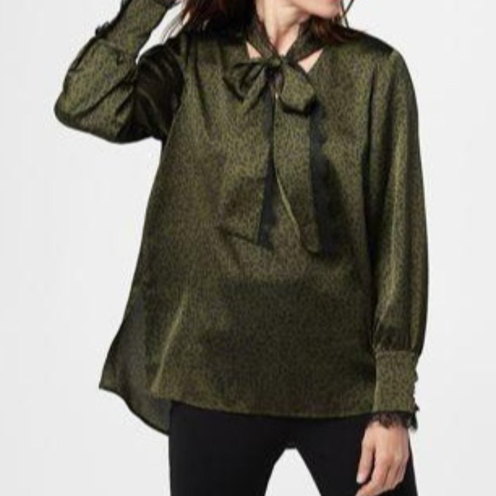 Dennis Basso Textured Satin Bow Blouse Olive Size 10 Regular